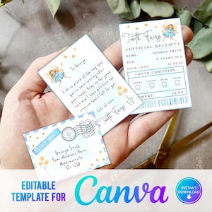 Canva, Mini set de hada de los dientes imprimible en azul con sobre, recibo y carta de hada, descarga instantánea, set de hada de los dientes editable, acuarela