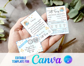 Canva, Printable Mini Tooth Fairy Set Blue with envelope, receipt and fairy letter, Instant Download, editable tooth fairy set, watercolour