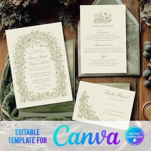 Canva Greenery Wedding Invitation, Floral Wedding Invite, Woodland Flowers, Elegant Wedding Invite Template, Sage Green, Hand Drawn, CG