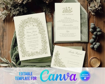 Canva Greenery Wedding Invitation, Floral Wedding Invite, Woodland Flowers, Elegant Wedding Invite Template, Sage Green, Hand Drawn, CG