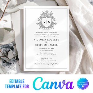 May include: A formal wedding invitation with a black and white design. The invitation includes the names Victoria Lockett and Stephen Haller, the wedding date, and venue. The Canva logo and "Instant Download" text are also visible.
