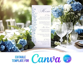 May include: Editable wedding menu template for Canva with a floral design. The menu includes a list of appetizers, main courses, and desserts. The text on the menu is in a classic font and is easy to read. The template is perfect for creating a beautiful and professional wedding menu.