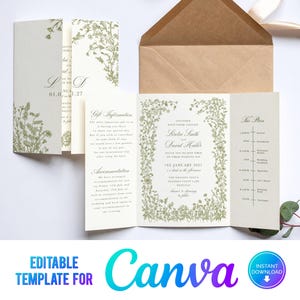 May include: A wedding invitation suite with a tri-fold card and a kraft envelope. The invitation features floral designs and includes the couple's names, wedding date, and a schedule. The design is elegant and suitable for a wedding.