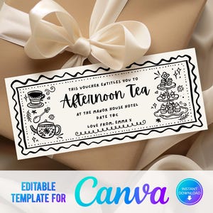 Bon modifiable Canva pour le thé de l'après-midi, billet à imprimer à domicile, bon-cadeau numérique, cadeau pour le thé de l'après-midi, bon-cadeau imprimable, dernière minute