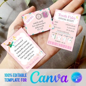 Canva, Mini Set de Ratoncito Pérez imprimible rosa con sobre, recibo y carta de hada, Descarga instantánea y set de Ratoncito Pérez totalmente editable