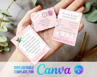 Canva, Printable Mini Tooth Fairy Set Pink with envelope, receipt and fairy letter, Instant Download and fully editable tooth fairy set