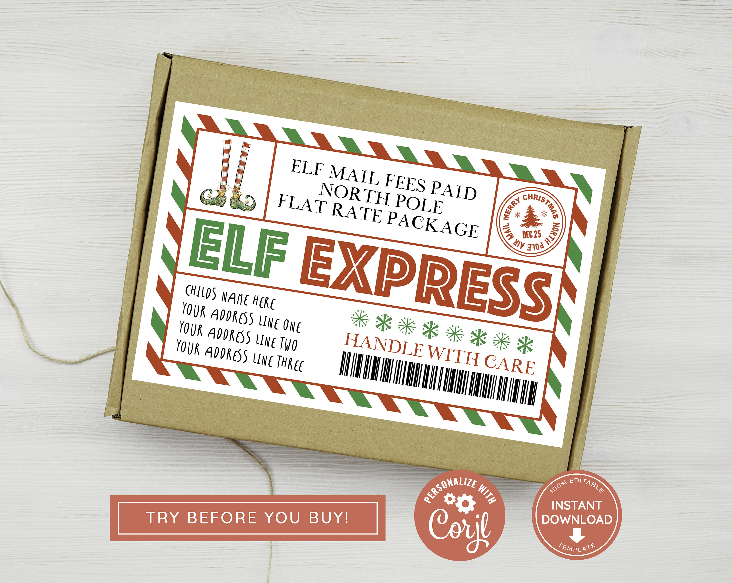 Elf Mail Shipping Labels North Pole Large Gift Tag Editable