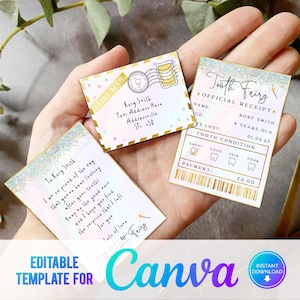 Canva, Mini Set de Hada de los Dientes imprimible Glitter con sobre, recibo y carta de hada, Descarga instantánea y juego de hada de los dientes totalmente editable