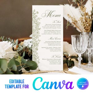 Menú de boda con vegetación en Canva, menú de boda floral, flores de bosque, boda elegante, plantilla, verde salvia, dibujado a mano, menú de comida DL, 4x9, CG