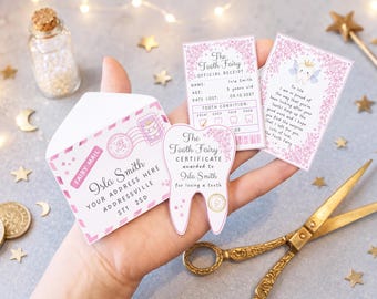 Canva, Printable Mini Tooth Fairy Set Pink with envelope, receipt and fairy letter, Instant Download and fully editable tooth fairy set