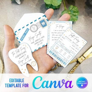 Canva, Mini set de Hada de los Dientes imprimible azul con sobre, recibo y carta de hada, descarga instantánea y set de Hada de los Dientes totalmente editable