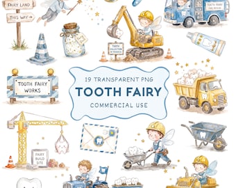 Tooth Fairy Clipart PNG Bundle | Construction Tooth Fairy | Boys Tooth Fairy Illustrations | Tractor Digger Fire Engine Clip Art