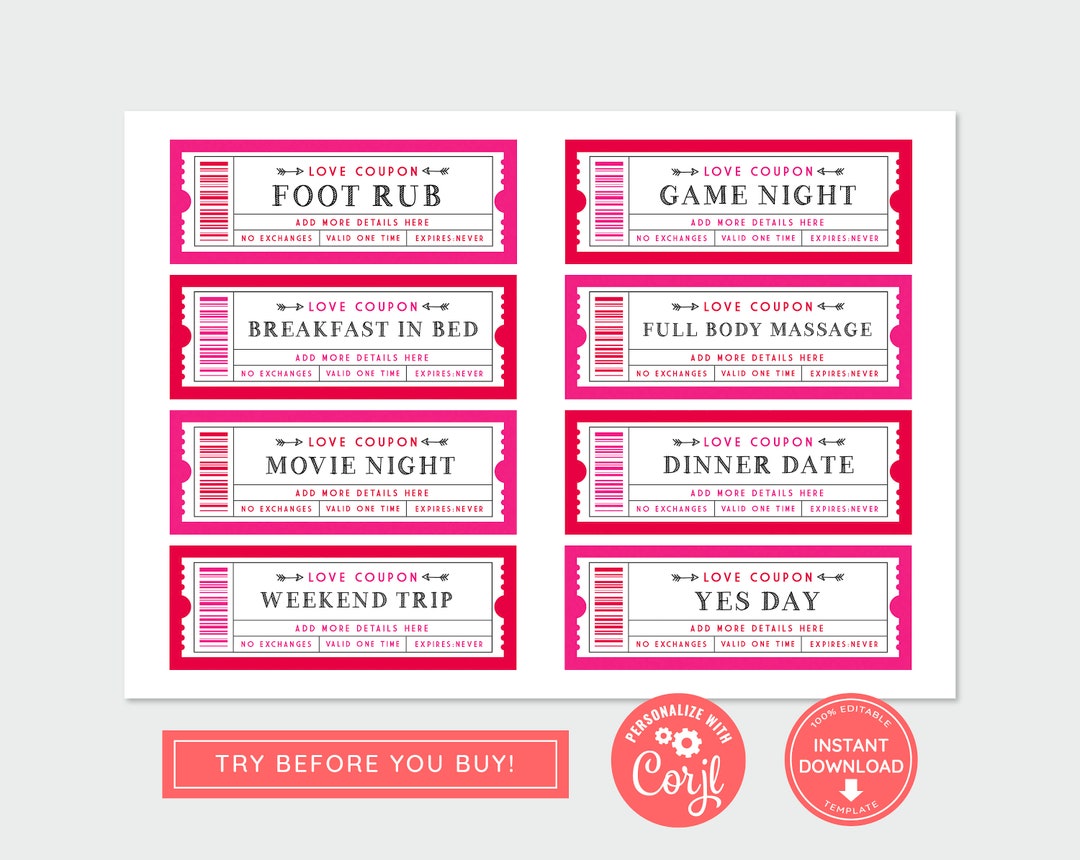 Editable Printable Love Coupons, Small Valentines Vouchers, Red Love ...