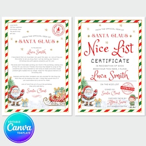 Descarga instantánea de carta de Santa editable y certificado de lista agradable, carta personalizada de Santa, plantilla imprimible Carta de Santa
