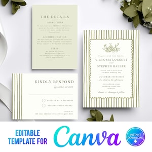 Canva Green Stripes Wedding Invitation, Green Wedding Invite, wildflowers, Elegant Wedding Invite Template, Sage Green, Striped Green, GS