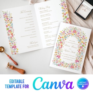 May include: Editable wedding ceremony and reception programme template with a floral border. The template is designed for Canva and includes the text "Welcome to the wedding of Victoria Warner and Stephen Smith, October 17th 2021, St. Andrews Church, Staffordshire".