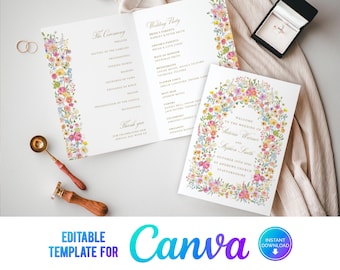 Canva Colourful Flowers Folded Wedding Program, Floral Wedding, Bright Flowers, Summer Garden Wedding, Order of Service Booklet, SF