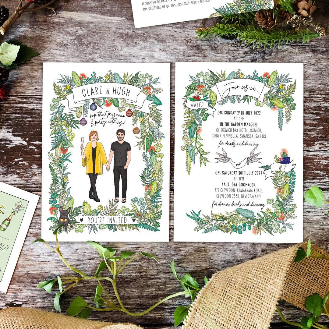 Bespoke Wedding Invite Invite, Hand Drawn Couple Portrait, Venue ...