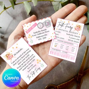 Mini juego de hada de los dientes para imprimir en color rosa con sobre, recibo y carta para el hada. Descarga instantánea y juego de hada de los dientes totalmente editable.