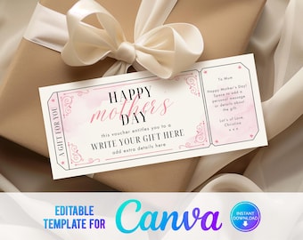 Vale de regalo editable para el Día de la Madre de Canva, boleto para imprimir en casa, vale de regalo digital, regalo para mamá, cumpleaños de mamá, vale de regalo imprimible, último minuto
