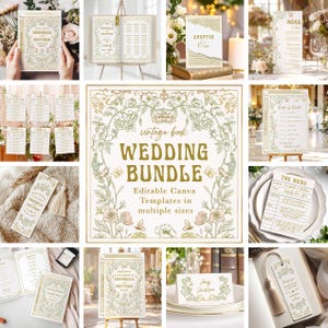 May include: A collection of wedding stationery templates with a vintage book theme. The designs feature floral illustrations in green and beige, with various elements like menus, table cards, and bookmarks. The text includes names and event details.