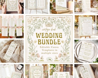 May include: A collection of wedding stationery templates with a vintage book theme. The designs feature floral illustrations in green and beige, with various elements like menus, table cards, and bookmarks. The text includes names and event details.