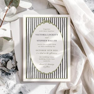 Wedding invitation set with black and white stripes and green details
