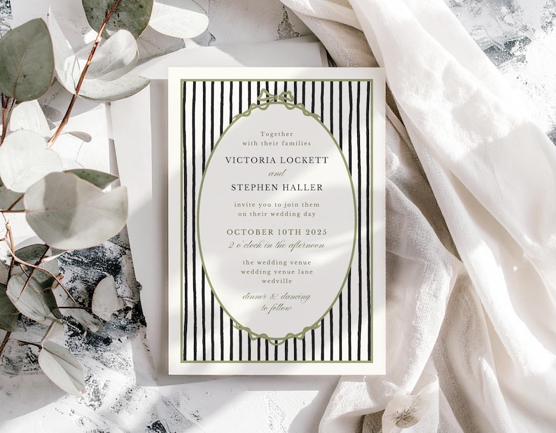 Wedding invitation set with black and white stripes and green details