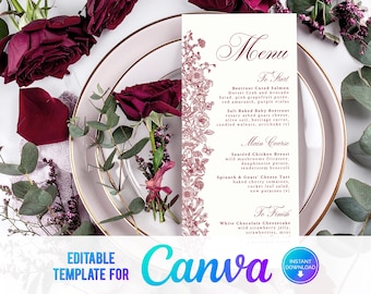Burgundy Flowers Wedding Menu, Floral Wedding Menu, Burgundy Flowers, Elegant Wedding, Template, Autumn,Winter Menu, Food Menu DL, 4X9, CBB