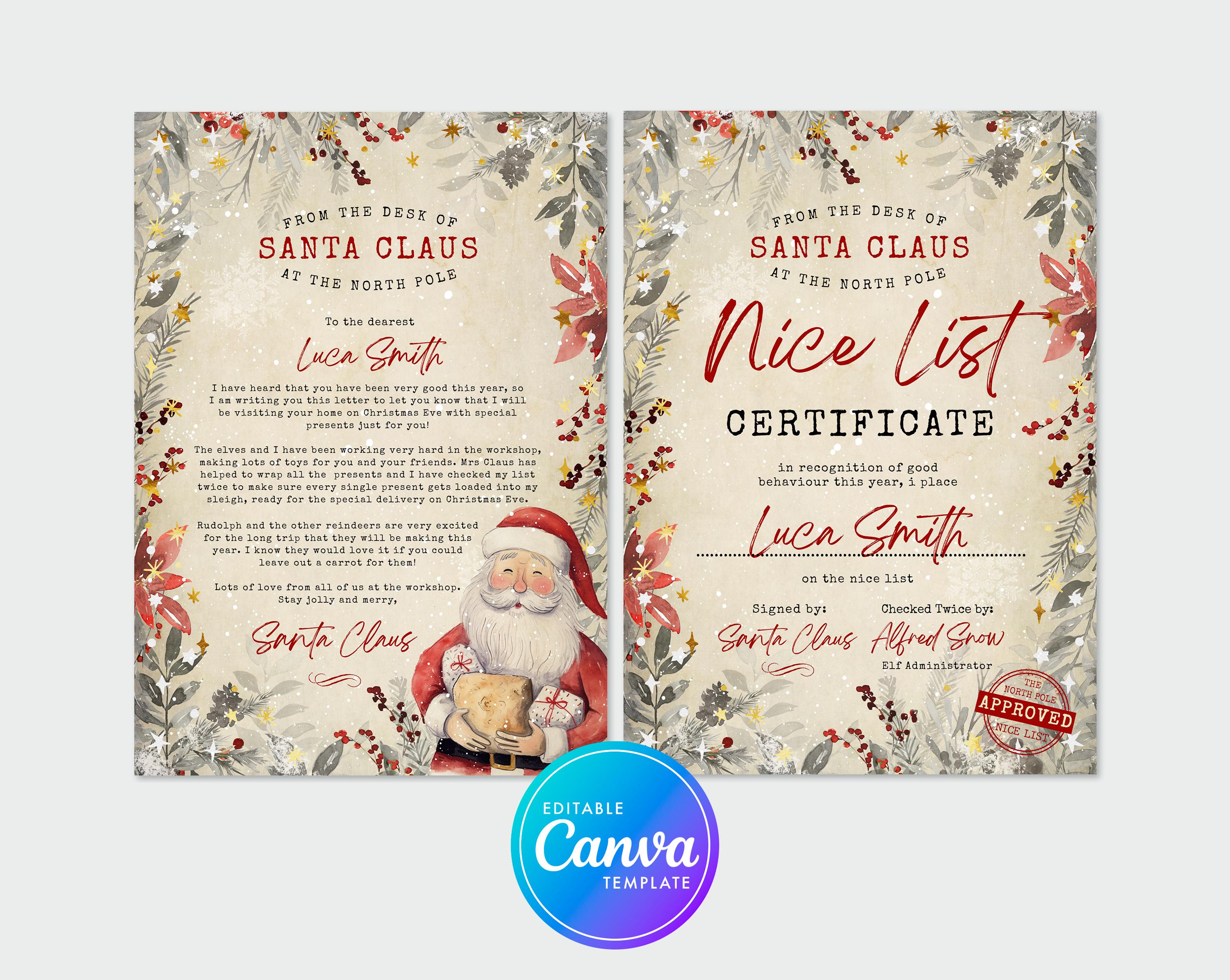 Instant Download Editable Santa Letter and Nice List Certificate ...