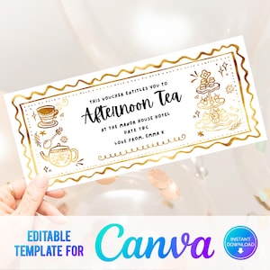 Vale de té de la tarde editable de Canva, boleto para imprimir en casa, vale de regalo digital, regalo de té de la tarde, vale de regalo imprimible, último minuto