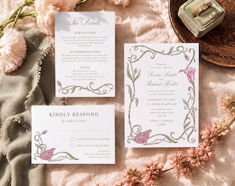 Canva Art Nouveau Wedding Invitation Set, Sage Green Wedding, Vintage Style Invite, Striped, Pink Calla Lily, CN