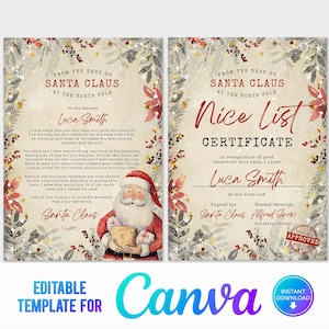 Canva, Carta do Papai Noel e Certificado da Lista Bonita, Carta Personalizada do Papai Noel, Modelo para Imprimir Carta do Papai Noel, Download Instantâneo Editável