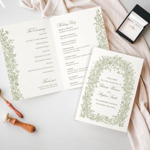 Canva Groen Opvouwbaar Trouwprogramma, Bloemenbruiloft, Bosbloemen, Elegante Bruiloft, Sjabloon, Saliegroen, Programmaboekje CG