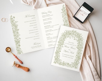 Canva Greenery Folded Wedding Program, Floral Wedding, Woodland Flowers, Elegant Wedding, Template, Sage Green, Order of Service Booklet CG