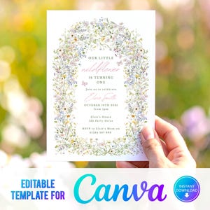 Floral 1st Birthday Invite, Wildflower Birthday Party Invite Template, Garden Party, Birthday Girl Birthday Flower Card, Wildflower Canva