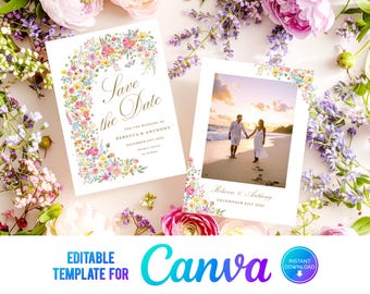Canva Summer Flowers Save the Date, Bright Floral Save the date,  Summer flowers, Modern Save the Date, Printable Template SF
