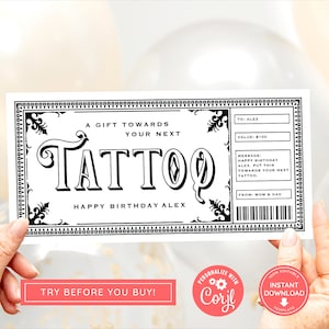 Editierbarer Tattoo Gutschein, Print zu Hause Geburtstagsgutschein, Digitaler Gutschein, Tattoo Geschenk, Tattoo Gutschein, Tattoo Geld