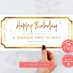 Bearbeitbares Ereignis Goldenes Ticket, Drucken Sie zu Hause Geburtstagsgutschein, Digitaler Geschenkgutschein, Überraschungsticket, Goldenes Ticket, Wochenendausflugsgutschein