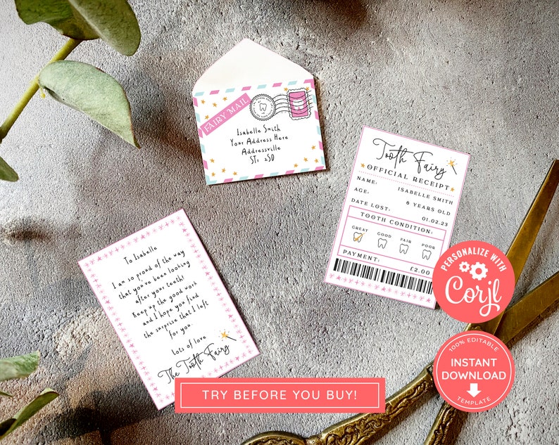 Printable Mini Tooth Fairy Set Pink with envelope, receipt and fairy letter, Instant Download and fully editable tooth fairy set image 4