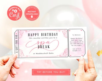 Editable Spa Voucher Ticket, Print at home Birthday Voucher, Digital Gift Voucher, Surprise Ticket, Spa Break, Pink Voucher, Spa Day