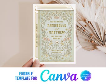 Canva ブックカバー 結婚式招待状、末永く幸せに、ラブストーリー、ブック ウェディング、編集可能なテンプレート、結婚式ブック招待状、アール ヌーボー