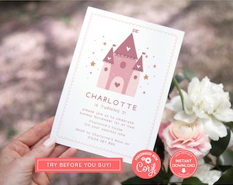 Invitación a fiesta de cumpleaños de princesa, invitación de cumpleañera rosa, castillo de princesa, princesa mágica rosa, fiesta de niñas, impresión en casa digital