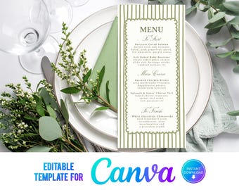 Groene strepen trouwmenu, bloemen trouwmenu, saliegroen gestreept menu, elegante bruiloft, sjabloon, saliegroen, voedselmenu DL, 4 x 9, GS
