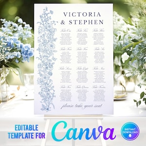 Canva blauw gebladerte bruiloft zitplaatsen tabel, bloemen tafelplan, bosrijke bloemen, elegante bruiloft sjabloon, stoffig blauw, handgetekende, elegante CB