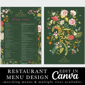 Diseño de menú de restaurante, menú verde, follaje, menú de restaurante floral, plantilla editable, plantilla Canva, menú de cafetería, menú de cócteles de bar