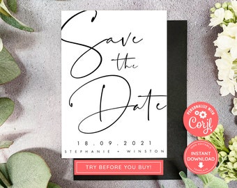 Minimal Script Wedding Save the date, Printable Modern Stationery, Black and White, Modern Calligraphy, Editable Print at Home, MS