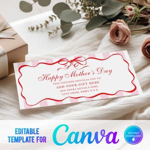 Bon modifiable Canva pour la fête des mères, billet à imprimer à la maison, bon cadeau numérique, cadeau pour maman, anniversaire de maman, bon cadeau imprimable, dernière minute