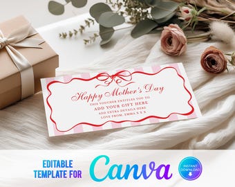 May include: Editable Canva template for a Mother's Day gift voucher. The voucher has pink and white stripes with red text that says "Happy Mother's Day".