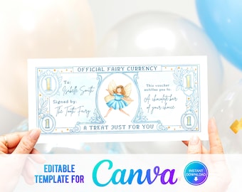 Voucher para impressão da fada do dente Canva, moeda da fada do dente, dinheiro da fada do dente, presente da fada do dente azul, recibo, dente perdido, primeiro dente